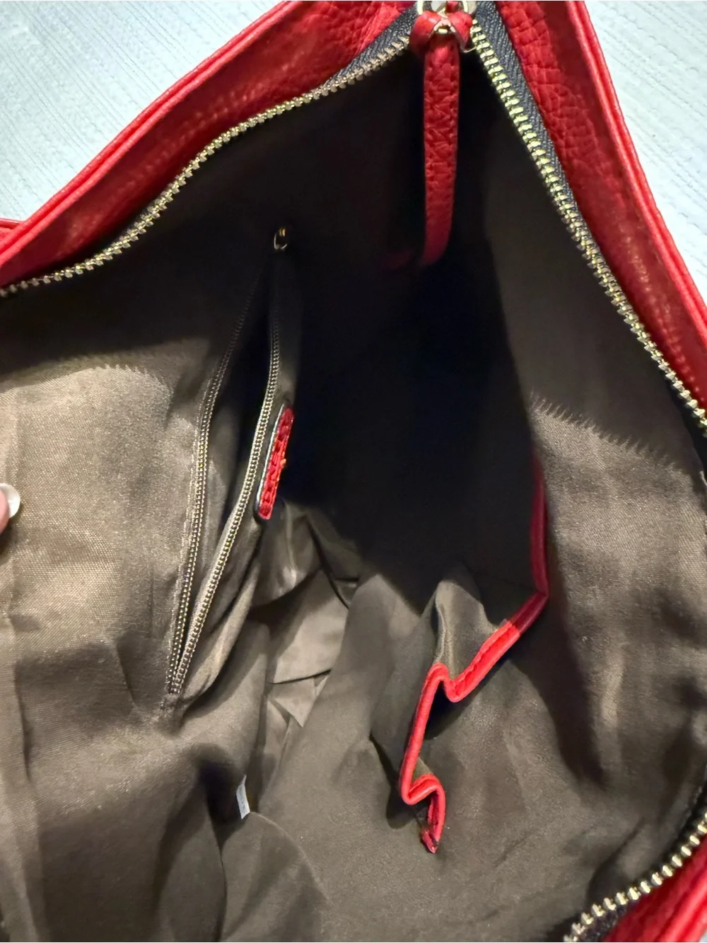 Red Leather Tote Bag with Front Zip Pockets from Japan